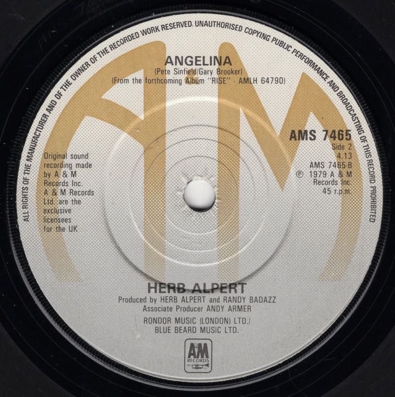 HERB ALPERT RISE / ANGELINA / A&M RECORDS / UK / 7"
